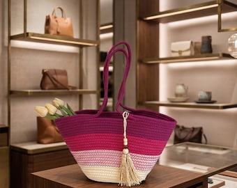 Woven Cotton Rope Tote Bag, Summer Beach Shoulder Bag with Tassel