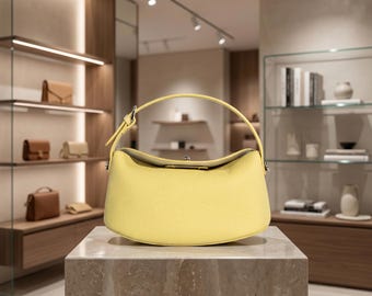 Yellow Leather Bag, Pastel Yellow Purse, Crescent Shoulder Bag, Minimalist Handbag, Butter Yellow Hobo