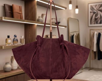 Brown Suede Tote Bag, Large Shoulder Bag, Slouchy Trapeze Bag, Oversized Handbag, Minimalist Tote for Women