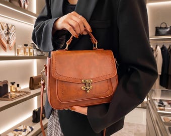 Vintage PU Leather Crossbody Bag, Retro Messenger Box Purse for Women, Trendy Shoulder Satchel with Lock