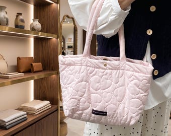 Quilted Puffy Tote Bag,  Minimalist Heart Pattern Shoulder Bag