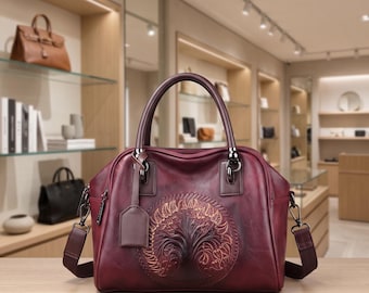 Retro Leather Shoulder Bag, Unique Carved Tote Purse for Women