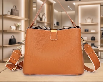Minimalist Leather Bucket Bag, Top Handle Crossbody Purse
