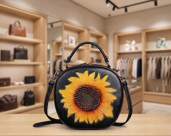 Vintage Leather Circle Handbag, Modern Top Handle Sunflower Bag