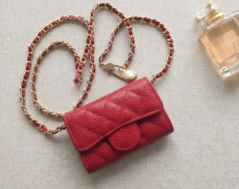 Quilted Caviar Leather Micro Crossbody Bag, RFID Blocking Mini Shoulder Purse with Chain, Luxury Card Wallet