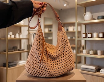 Crochet Straw Shoulder Bag, Woven Summer Beach Hobo Tote