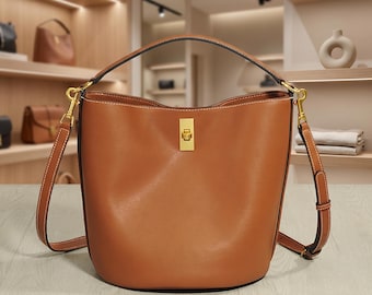Everyday Leather Crossbody Purse, Chic Top Handle Bucket Tote