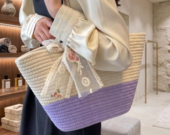 Minimalist Woven Tote Bag, Soft Cotton Rope Beach Bag