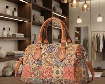 Vintage Mosaic Pattern Handbag, Boston Shoulder Bag with Strap