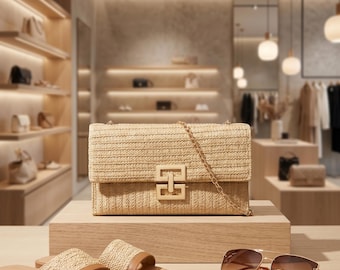 Straw Crossbody Bag with Gold Chain, Summer Shoulder Purse