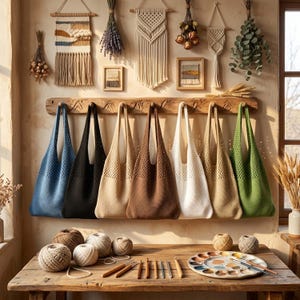 Op de afbeelding: Zeven gebreide tassen in blauw, zwart, beige, bruin, wit, tan en groen hangen aan een houten rek. Op een houten tafel liggen bollen garen, haaknaalden en een verfpalet. Aan de muur hangen macramé decoraties en gedroogde bloemen.