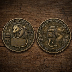 May include: Two circular bronze-toned coins featuring an opossum with a backpack. The left coin reads TRAVEL OPOSSUM, Go Your Own Way, and WHEREVER YOU ROAM, MAY LUCK FIND YOU, AND BRING YOU HOME. The right coin reads NOT ALL WHO WANDER ARE LOST.