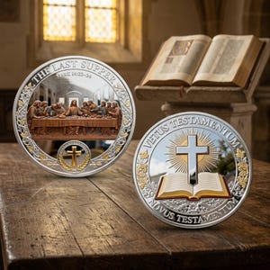May include: Two circular silver coins with gold accents. One coin depicts The Last Supper with the text "THE LAST SUPPER" and "MARK 14:22-24". The other coin features a cross over an open book with the text "VETUS TESTAMENTUM" and "NOVUS TESTAMENTUM".