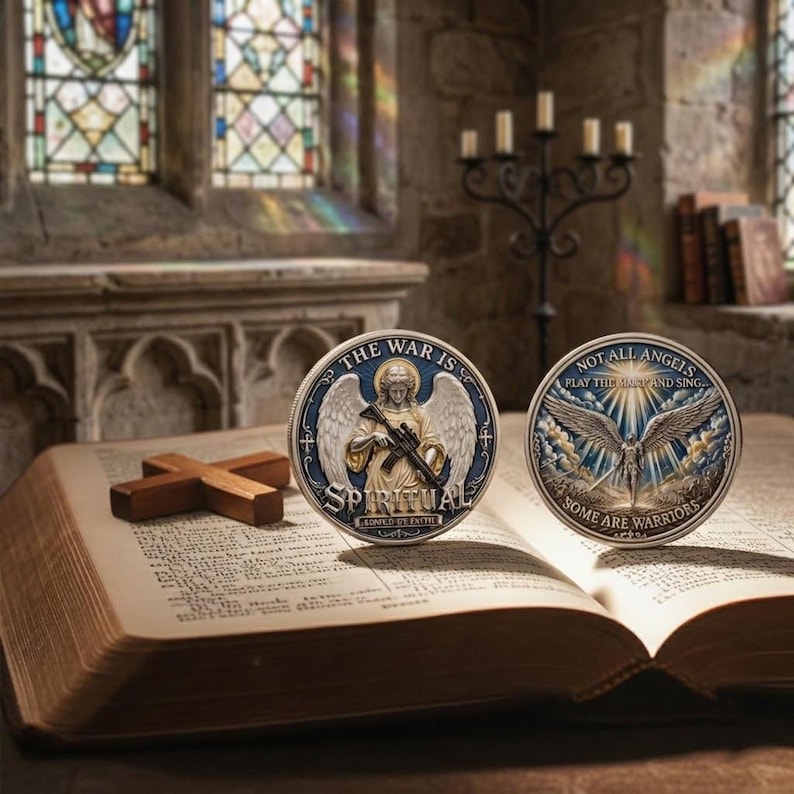 May include: Two circular silver-toned coins featuring detailed relief designs. One coin depicts an angel holding a rifle with the text THE WAR IS SPIRITUAL. The other coin shows an angel with wings spread and the text NOT ALL ANGELS PLAY THE HARP AND SING SOME ARE WARRIORS.
