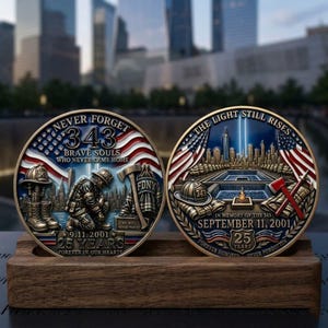 May include: Two circular commemorative coins displayed on a wooden stand. The left coin features a kneeling firefighter, a helmet, and the text 'NEVER FORGET 343 BRAVE SOULS WHO NEVER CAME HOME'. The right coin depicts the NYC skyline and 'THE LIGHT STILL RISES'.