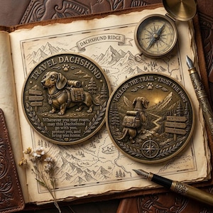 Può includere: Due medaglioni circolari in metallo color bronzo con bassorilievi di bassotti con zaino su una mappa in stile vintage. Una moneta reca la scritta TRAVEL DACHSHUND e l'altra FOLLOW THE TRAIL TRUST THE PAWS. Include una bussola e due penne stilografiche.