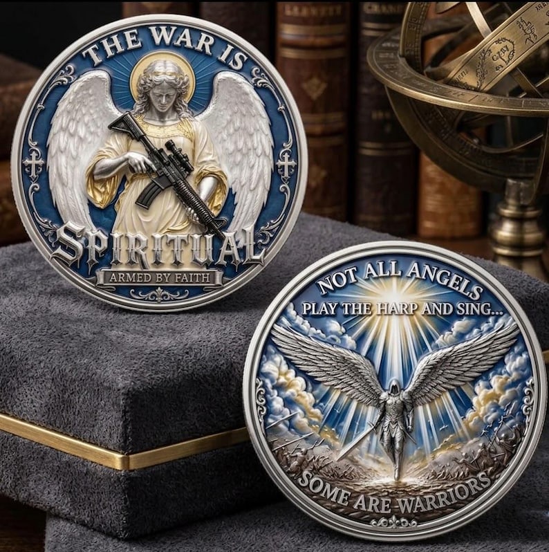 May include: Two circular silver-toned coins featuring relief designs. One coin depicts an angel holding a rifle with the text THE WAR IS SPIRITUAL ARMED BY FAITH. The other coin shows a winged warrior with a sword and the text NOT ALL ANGELS PLAY THE HARP AND SING SOME ARE WARRIORS.