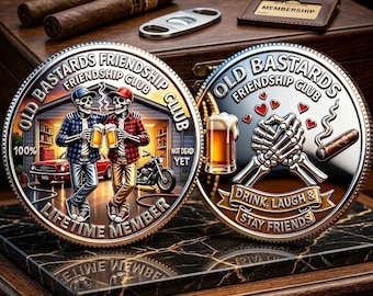 Old Bastards Friendship Club Challenge Coin, Lifetime Member Skeleton Commemorative Coin, Funny Friendship Gift for Men, Bikers