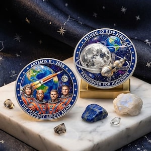 May include: Two circular commemorative coins featuring space exploration themes. One coin displays four astronauts in orange suits with a rocket and Earth, labeled ARTEMIS II 2026 THE JOURNEY BEGINS AGAIN. The other shows the moon and a spacecraft.