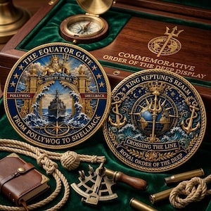 May include: Two circular commemorative coins featuring nautical motifs, including a ship, trident, and compass, resting on green velvet inside a wooden box with a brass compass, a small leather-bound book, a sextant, and coiled rope.