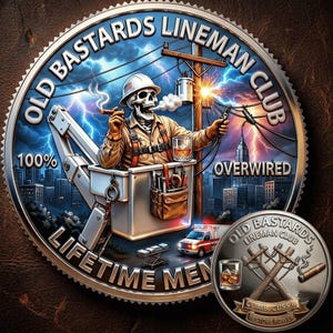 May include: A circular metal coin featuring a skeleton lineman in a bucket truck, smoking a cigar and holding a glass of whiskey. The text reads OLD BASTARDS LINEMAN CLUB, 100% OVERWIRED, and LIFETIME MEM. A smaller coin shows crossed utility poles, a glass of whiskey, and a cigar.