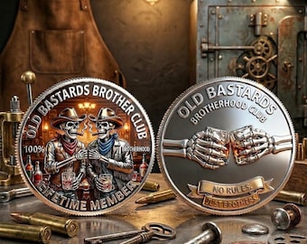 Old Bastards Brotherhood Coin, Cowboy Skull Challenge Coin, Western Style Skeleton Commemorative Coin, Just Brothers Gift for Biker Men