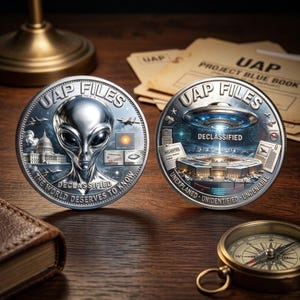 May include: Two circular silver-toned coins featuring UAP Files themes. One coin displays an alien head, the US Capitol, and text reading UAP FILES and THE WORLD DESERVES TO KNOW. The other shows a UFO over the Pentagon with text UAP FILES and DECLASSIFIED.