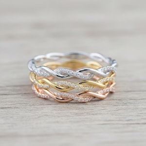 Dainty Twist Ring, Sparkling Pave Eternity Band, Delicate Braided Stacking Ring, Minimalist Criss Cross Ring For Her, 3 Color Options