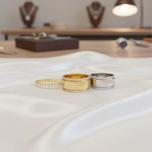 May include: A set of three rings consisting of a thin gold band encrusted with small clear stones, a wide gold band with stone-set edges, and a wide silver-toned band with stone-set edges, all resting on a smooth, draped white fabric surface.