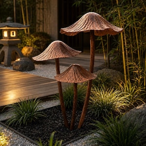 Conjunto de 3 Estacas de Jardim em Metal em Formato de Cogumelo, Arte Rústica em Cobre para Jardim, Decoração para Jardim de Fadas, Escultura para Jardim Externo
