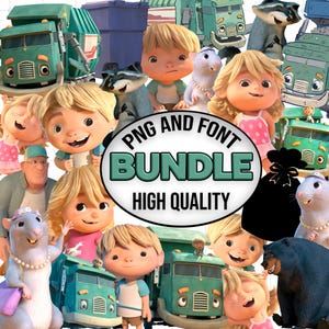 May include: A digital graphic collection featuring cartoon children, anthropomorphic animals, and green trucks. A central white oval contains the text PNG AND FONT BUNDLE HIGH QUALITY in black and green lettering, with a black silhouette of a bag.