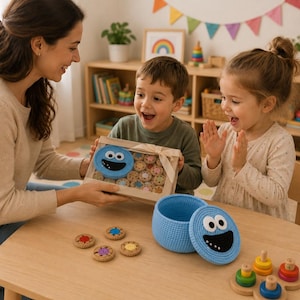 Op de afbeelding: Een lichtblauwe gehaakte container met een deksel voorzien van een karaktergezicht met grote witte ogen en een zwarte mond. De set bevat een rechthoekige geschenkdoos met een bijpassend gehaakt deksel en diverse kleine, ronde, gehaakte koekjes.
