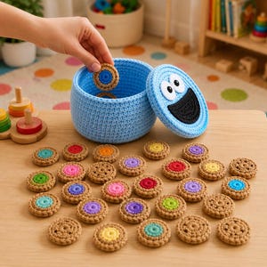 Op de afbeelding: Een lichtblauwe gehaakte opbergmand met een bijpassend deksel met een zwart-wit monstergezicht. De set bevat talloze kleine, ronde, beige gehaakte koekjesvormige stukjes met kleurrijke centra in diverse tinten zoals roze, blauw en geel.