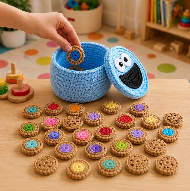 Op de afbeelding: Een lichtblauwe gehaakte opbergmand met een bijpassend deksel met een zwart-wit monstergezicht. De set bevat talloze kleine, ronde, beige gehaakte koekjesvormige stukjes met kleurrijke centra in diverse tinten zoals roze, blauw en geel.
