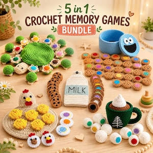 May include: A 5 in 1 crochet memory games bundle featuring various handmade items including a green turtle, a blue container with a face, a milk carton, a chicken with chicks, and a dark green mug with white foam, all surrounded by small colorful tokens.