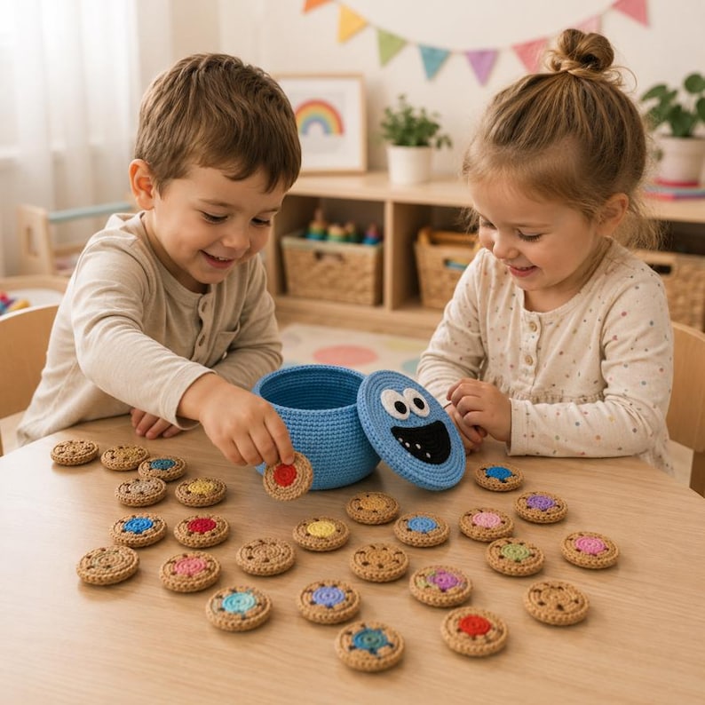 Op de afbeelding: Een blauwe gehaakte opbergmand met een bijpassend deksel met een cartoongezicht met grote witte ogen en een zwarte mond, vergezeld door talloze kleine, ronde, beige gehaakte koekjesvormige schijfjes met kleurrijke centra op een tafel.