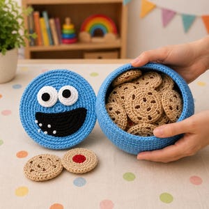 Op de afbeelding: Een blauwe gehaakte container met een deksel voorzien van een gezicht met grote ogen en een zwarte mond. De container is gevuld met kleine, ronde, beige gehaakte koekjes met donkerbruine stippen, en twee extra koekjes liggen ernaast.