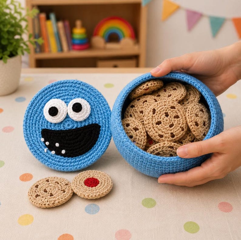 Op de afbeelding: Een blauwe gehaakte container met een deksel voorzien van een gezicht met grote ogen en een zwarte mond. De container is gevuld met kleine, ronde, beige gehaakte koekjes met donkerbruine stippen, en twee extra koekjes liggen ernaast.