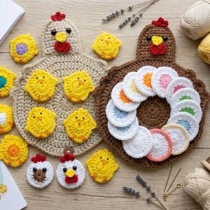May include: Two large crochet chicken-shaped mats in beige and brown, surrounded by small yellow crochet chicks, two small chicken faces, and a ring of colorful crochet circles. Several yarn skeins, needles, and illustrated instruction cards are included.