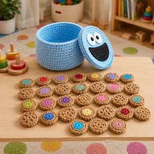 Op de afbeelding: Een lichtblauwe gehaakte opbergmand met een bijpassend deksel voorzien van een zwart-wit gezicht. Voor de mand liggen twee&euml;ndertig kleine, ronde, beige gehaakte koekjesvormen, elk met een gekleurd midden in verschillende tinten.
