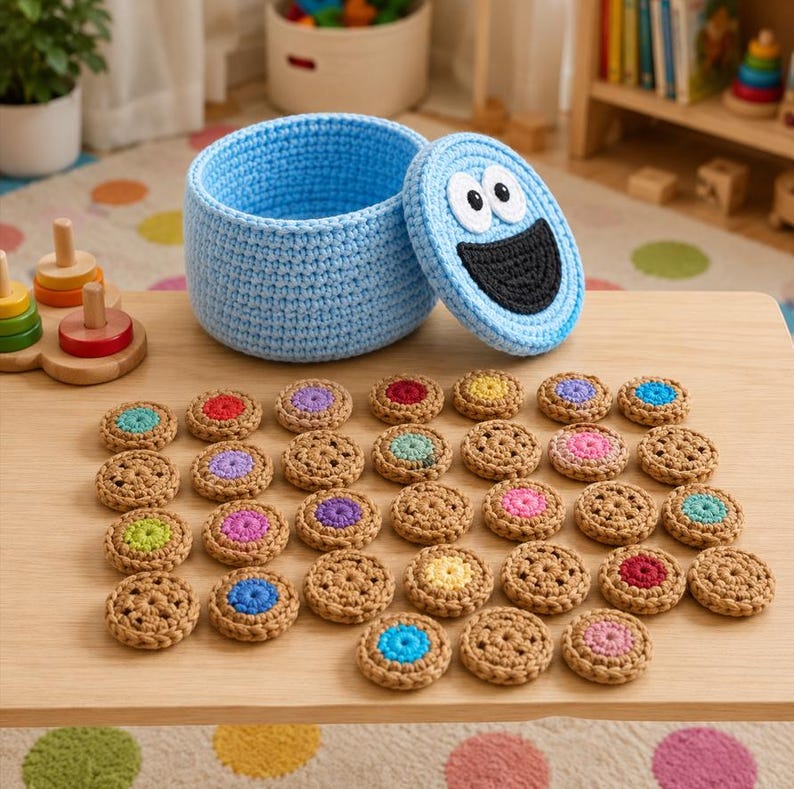 Op de afbeelding: Een lichtblauwe gehaakte opbergmand met een bijpassend deksel voorzien van een zwart-wit gezicht. Voor de mand liggen twee&euml;ndertig kleine, ronde, beige gehaakte koekjesvormen, elk met een gekleurd midden in verschillende tinten.