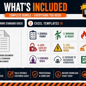 May include: A digital infographic titled WHAT'S INCLUDED COMPLETE BUNDLE featuring a Permit to Work Standard Word document and nine Excel templates. Icons represent general permits, working at height, hot work, LOTO, electrical, excavation, and safety.