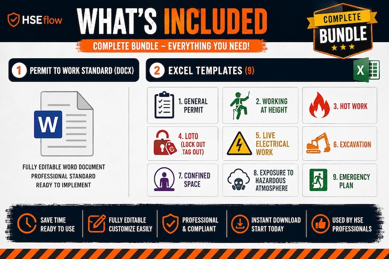 May include: A digital infographic titled WHAT'S INCLUDED COMPLETE BUNDLE featuring a Permit to Work Standard Word document and nine Excel templates. Icons represent general permits, working at height, hot work, LOTO, electrical, excavation, and safety.