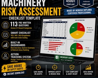 Machinery Risk Assessment Checklist Template | Excel Spreadsheet | EHS Safety Audit Tool | 113 Questions | Editable
