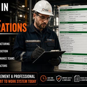 May include: A white hard hat, safety glasses, and a dark blue work jacket with the HSEflow logo. A person holds a black clipboard with a General Permit to Work document featuring green headers, checkmarks, and signatures for industrial safety.