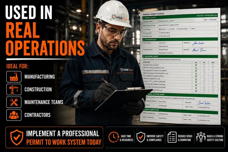 May include: A white hard hat, safety glasses, and a dark blue work jacket with the HSEflow logo. A person holds a black clipboard with a General Permit to Work document featuring green headers, checkmarks, and signatures for industrial safety.