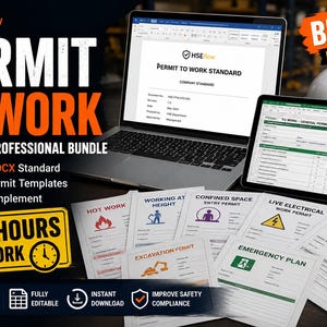 Pode incluir: Um pacote digital de documentos de permissão de trabalho com um portátil e um tablet exibindo modelos. Inclui ficheiros DOCX editáveis e nove modelos de Excel para permissões de trabalho a quente, em altura, espaços confinados e elétricos.