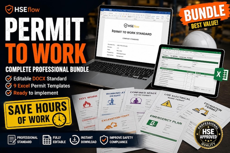 May include: A digital bundle of Permit to Work documents featuring a laptop and tablet displaying templates. Includes editable DOCX and nine Excel files for hot work, working at height, confined space, electrical work, and excavation safety permits.