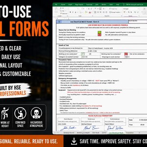 May include: A digital Excel form titled Live Electrical Work Permit - Form E, featuring sections for task details, precautions, and emergency arrangements. The document includes checkboxes, signature fields, and safety icons for electrical, hot work, and height.