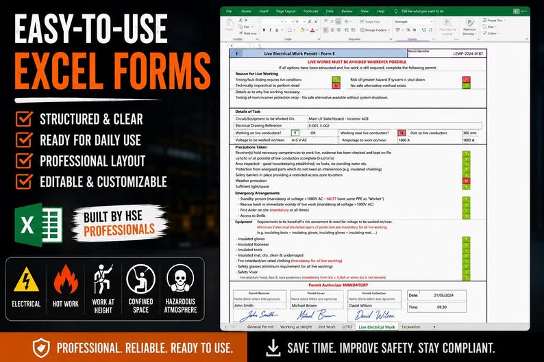 May include: A digital Excel form titled Live Electrical Work Permit - Form E, featuring sections for task details, precautions, and emergency arrangements. The document includes checkboxes, signature fields, and safety icons for electrical, hot work, and height.